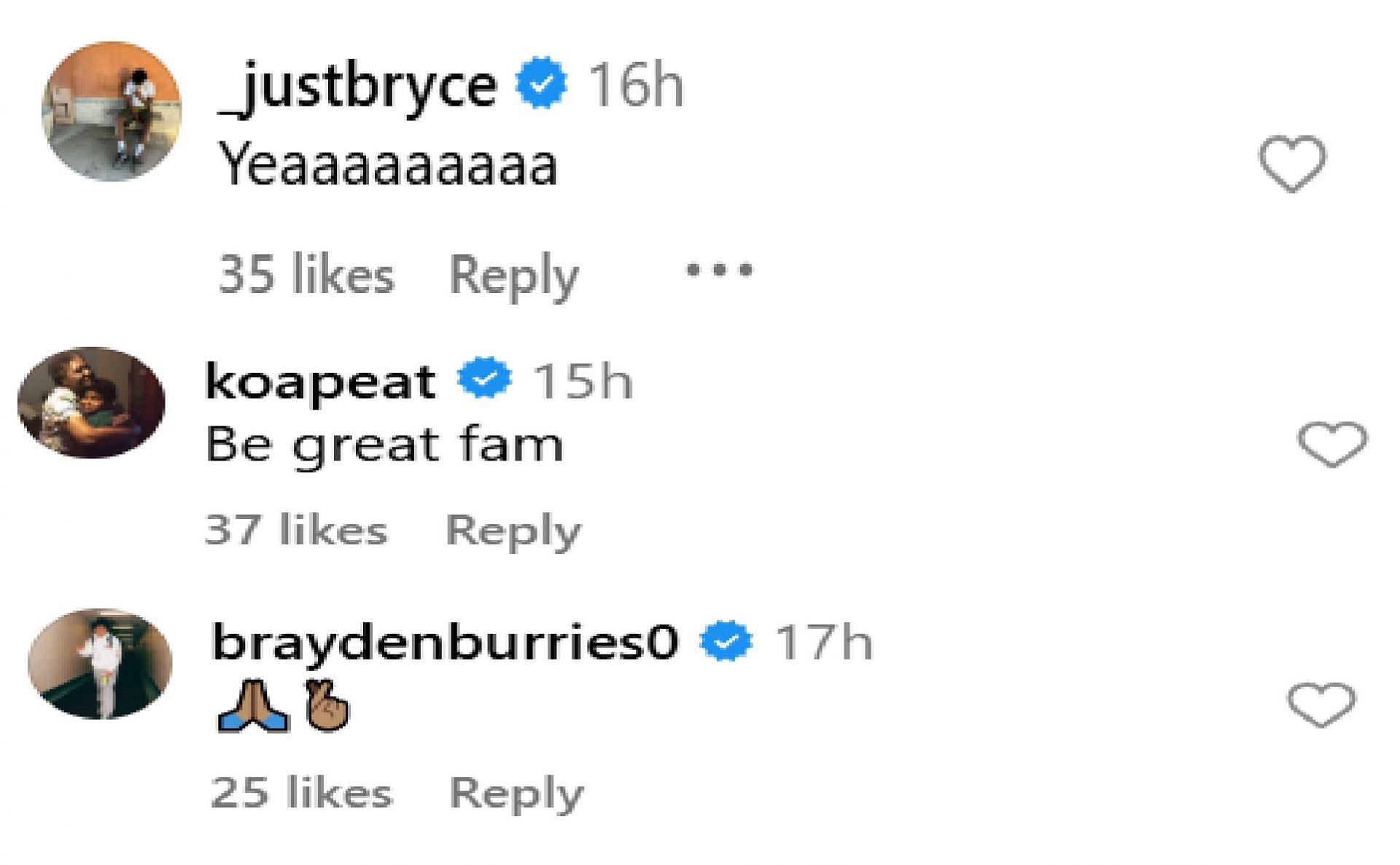 Bryce James, Koa Peat and Brayden Burries react to Carter Bryant's NBA draft decision (source: IG/ carterdbryant)